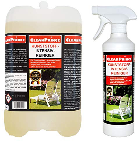 2,5 Liter Kunststoffintensivreiniger | Kunststoffreiniger Intensiv Kunststoff-Reiniger Gartenmöbel Fett Insektenkot Wetterrückstände Witterungsrückstände, Gilb, Ablagerungen, Verfärbungen, Gartenmöbel