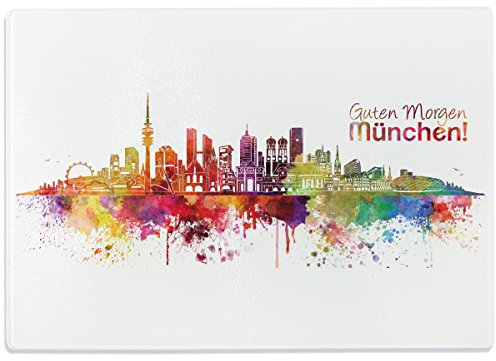 WANDKINGS Glasschneidebrett „Skyline München“ - Stadt wählbar - Glasschneideplatte, Schneidebrett aus Glas, Frühstücksbrettchen