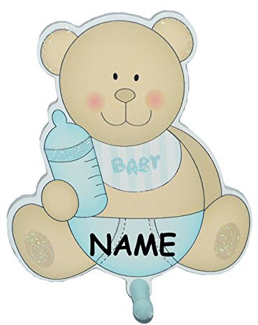 alles-meine.de GmbH Garderobenhaken aus Holz - incl. Name - Teddybär mit Babyflasche - blau mit 1 Haken - Baby Kinderzimmer Garderobe Kleiderhaken Wandhaken/Badezimmerhaken - H..