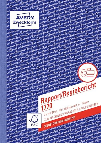 AVERY Zweckform 1770 Rapport/Regiebericht (A5, selbstdurchschreibend, von Rechtsexperten geprüft, für Deutschland und Österreich zur Dokumentation der Arbeitsleistung, 2x40 Blatt) weiß/gelb
