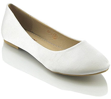 ESSEX GLAM New Womens Flat Pumps Ladies Glitter Ballet Ballerina Dolly Bridal Shoes Size (UK6 EU 39, White Satin)