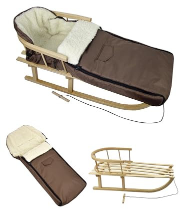 Kombi-Angebot Holz-Schlitten mit Rückenlehne & Zugseil + universaler Winterfußsack (108cm), auch geeignet für Babyschale, Kinderwagen, Buggy, aus Wolle Uni (braun)