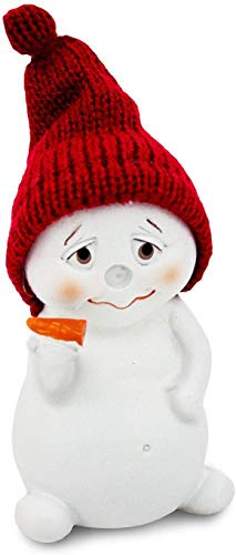Deko Figur Schneemann mit Wollmütze 11 cm, Polystein Weiß Textil Mütze Grau, Dekofigur Winter Weihnachten Winterdeko