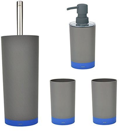 Kela Badezimmer-Set COLETTA, grau-blau matt lackiert, 4-TLG. Bad-Accessoires-Set, WC-Garnitur + Seifenspender + 2 Zahnputzbecher, ABS-Kunststoff Soft Touch, Badezimmer-Zubehör, Badgarnitur, Gäste-WC