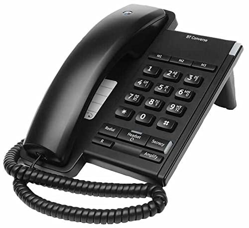 BT Converse 2100 Corded Landline House Phone, Home Phone, 3 Quick Dial Buttons, Headset Socket, Black