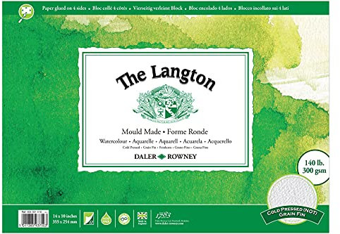 Daler-Rowney The Langton Watercolour Paper, Cold Pressed, 300 gsm, 140lb, Pad, Glued 4 Sides, 14 x 10in - 35.6 x 25.4 cm, Natural White, 12 Sheets