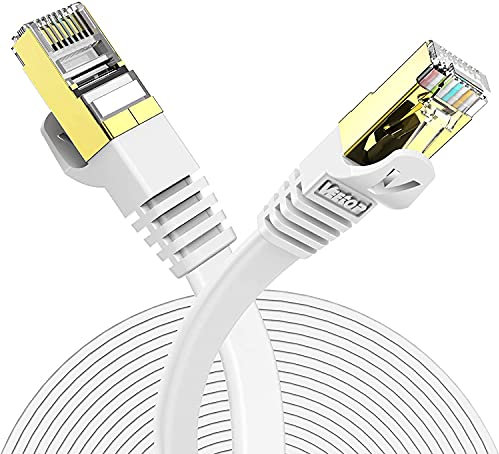 Veetop Cable Ethernet 0.5m, Cable Rj45 Cat 7 Plat haute vitesse avec connecteur RJ45 plaqué or, Cable Ethernet blindé Cable internet Haut Débit 10 Gb/s - 750 MHz Blanc
