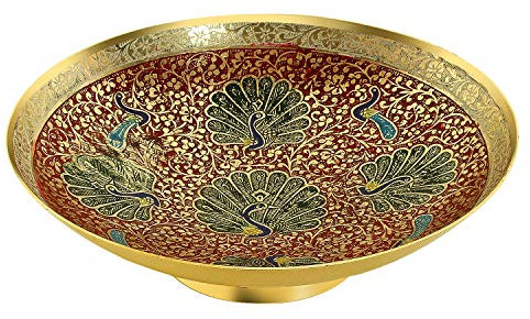 Zap Impex Brass Decorative Dry Fruit Bowl Bidri Work Size 8.5 Attractive Red Colour Peacock Design Kitchenware Gift, REDFBR-9
