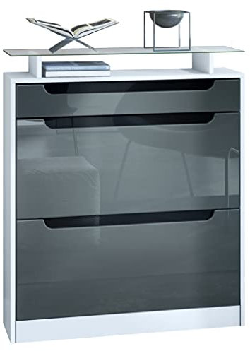 Vladon Schuhschrank Fiesta, Weiß matt/Grau Hochglanz/Schwarz Hochglanz Schuhkipper für 16 Paar Schuhe mit 2 Klappen (89 x 104 x 23 cm)