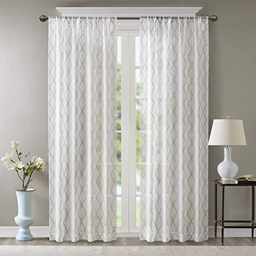 Madison Park Embroidered Diamond Irina Sheer Curtain 50x84 White/Grey