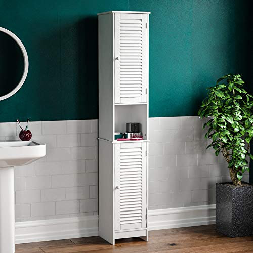 Home Discount Liano Armario de baño de Almacenamiento Armario Puertas de persiana – Tallboy Unidad de pie, Color Blanco