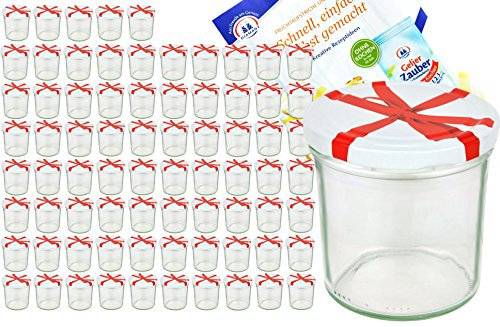 MamboCat Set di 75 vasetti in vetro da 350 ml a 82, coperchio bianco con decorazione a fiocco, incluso ricettario per marmellate, barattolo per conserve