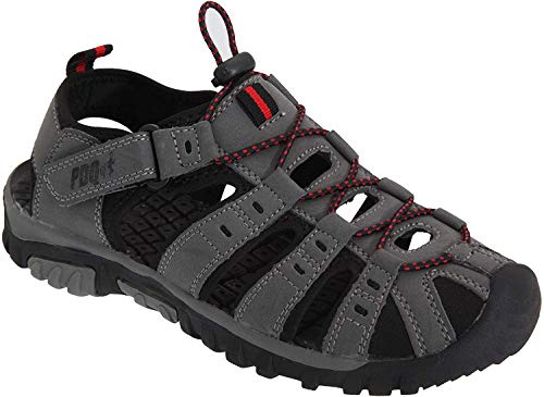 PDQ Ted Trekking Trail Toggle Touch Fastening Summer Sandals - Grey/Red Synth.Nubuck, Mens UK 7 / EU 41