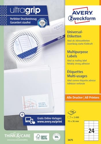 AVERY Zweckform Etiketten Inkjet/Laser/Kopier 70x36mm weiß VE=2400 Stück