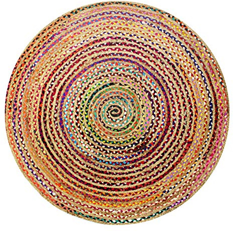 COTTON CRAFT Jute Chindi Braid Rag Rug - Boho Farmhouse Rustic Area Accent Throw Rug - Handwoven Reversible Natural Recycled Cotton - Living Room Den Study Home Décor Gift - 4 Feet Round - Multi Color