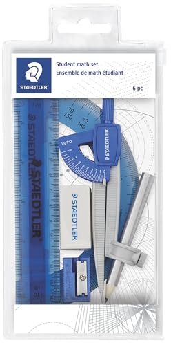 STAEDTLER Mathematik-Set für Schüler, mit 6-teiligem Kompass, 15,2 cm Lineal, 180°-Winkelmesser, Bleistift, Radiergummi und Spitzer in Aufbewahrungstasche mit Reißverschluss