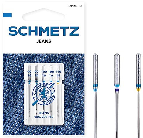 SCHMETZ | 5 Nähmaschinennadeln | Jeans | 130/705 H-J | Nadeldicke 90/14-110/18 | Geeignet für das Vernähen von Jeans und ähnlichen Stoffen | auf jeder gängigen Haushaltsnähmaschine einsetzbar