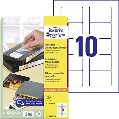 AVERY Zweckform L4738REV-25 Etiketten für Disketten (250 Aufkleber, 70x50,8 mm auf A4, bedruckbar, selbstklebend, wiederablösbar, für Disketten und Mini-Disc Hüllen) 25 Blatt, weiß