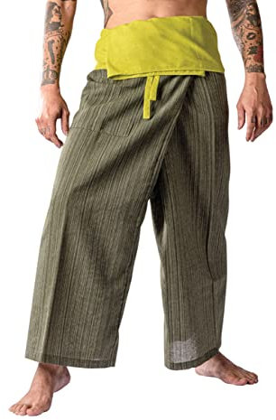 LannaPremium Herren Thai Fisherman Pants 2-Tone Thailändische Anglerhose, Yogahose in Einheitsgröße, Dunkelgrün und Grün, XXL