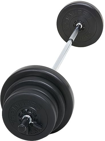 Langhantelset aus 1,6 m Hantelstange mit 40 kg Gewichten (4 x 2,5 kg, 2 x 5 kg, 2 x 10 kg) und Verschlüsse