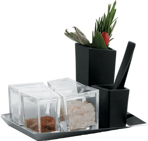 Alessi Gaa03 Set Cum Grano Salis Set à Sels Composé de: Quatre Récipients Pour Sel en Résine Thermoplastique, Un Plateau en Acier Inoxydable 18/10 Brillant