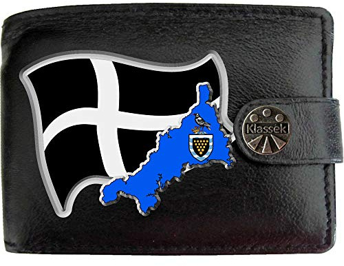 Klassek Cornwall Flag Cornish Map and Coat of Arms COA Mens Wallet Real Black Leather RFID Blocking with Coin Pocket and Metal Gift Box