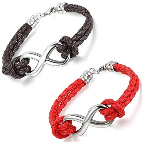 Aroncent Damen Herren Armband Infinity: 2 PCS Charms Armreif Lederarmband Unendlichkeit Edelstahl Armkette Geflochtenes Armband Schwarz Rot