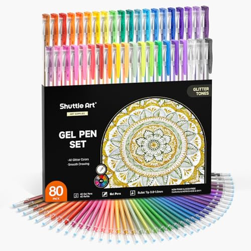 80 Stück Glitzer Gelstifte, Shuttle Art Gel Stifte Set, 40 bunte Glitzer Gelschreiber mit 40 Ersatzminen, glitzerstifte für Erwachsene und Kinder zum Markieren, Zeichnen, Schreiben geeignet