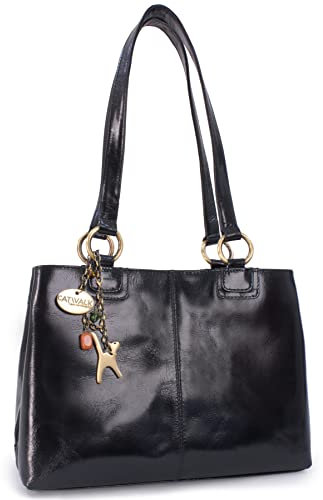 Catwalk Collection Handbags - Damen Leder Schultertasche - Handtasche Mittelgroß - Tote Bag - Arbeitstasche - BELLSTONE - Schwarz