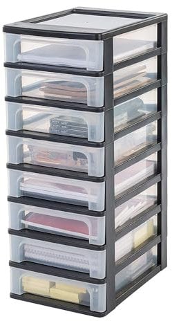 Iris Ohyama, Kunststoff Schubladenbox mit 8 flachen Schubladen, Schwarz, Easy-Pull-System, A4, A5 & A6 Format, Schreibtisch Organizer für Büro, Schule, Schreibwaren, BPA-frei, Schubladenschrank,
