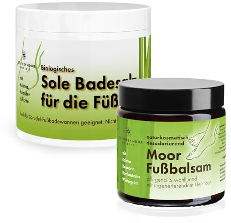 CristinenMoor Set Moor Fußbalsam 110 ml & Biologisches Sole Badesalz für die Füße 500 g, Naturkosmetik Fußpflegeset bei trockener Fußhaut, Hautpilz, schwitzenden Füßen, belasteten Füßen