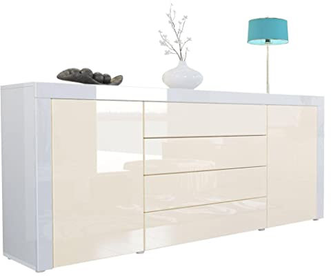 Vladon Sideboard Kommode La Paz, Made in Germany, Korpus in Weiß Hochglanz/Front in Creme Hochglanz mit Rahmen in Weiß Hochglanz