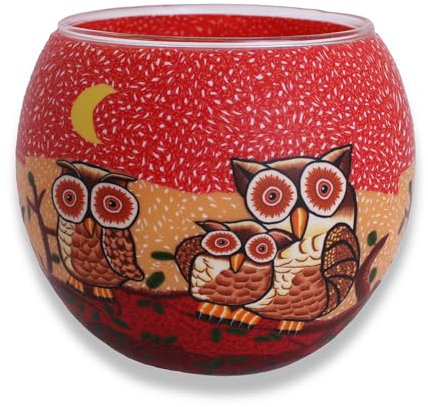 Budawi® Leuchtglas mit Eulenmotiv – rundes Windlicht aus Glas für Teelichter – stimmungsvolle Deko mit Tiermotiv – Ø 10,5 cm, Höhe 8,5 cm – dekoratives Lichtobjekt & Geschenkidee