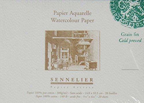 Sennelier, Bloc Collés 4 Côtés pour Aquarelles - Grain Fin 300 g - 20 Feuilles - 14,8 cm x 10,5 cm