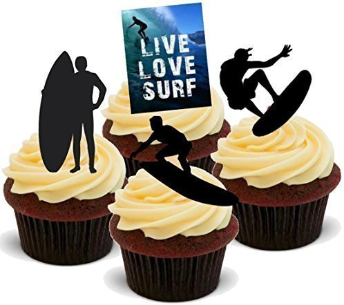 NOVELTY SURFING MIX - Standups 12 Edible Standup Premium Wafer Cake Toppers - 2 x A5 sheet - 12 images