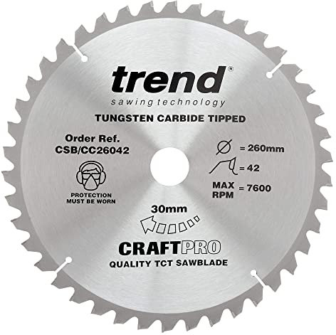 Trend Wood Mitre Saw Blade, 260mm Diameter, 30mm Bore, 42 Teeth, 2.5mm Kerf, -5° Hook, TCT, Medium Finish, CSB/CC26042