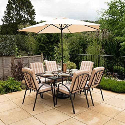 Hectare 6 Seater Garden Furniture Dining Set with Table and Parasol in Beige Stripe
