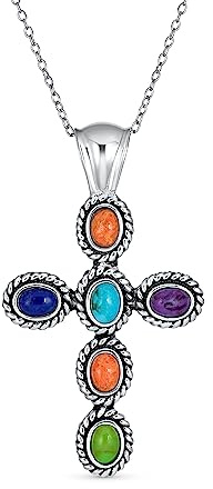 Bling Jewelry South Western Style Multi Color Gemstone Stones Bezel Set Cross Pendant Necklace For Women .925 Sterling Silver