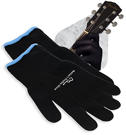 Musiker Praxis Handschuh - 2er Pack Gitarrenhandschuhe für Damen und Herren, Fingerspitzenschutz zum Spielen von Saiteninstrumenten, Handproblemen und mehr, Nylon dünne Handschuhe für Indoor/Outdoor Gigs, groß, schwarz