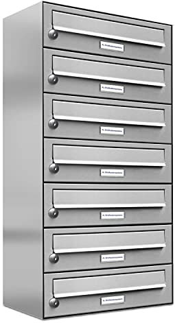AL Briefkastensysteme 7er Briefkastenanlage Edelstahl, Premium Briefkasten DIN A4, 7 Fach Postkasten modern Aufputz