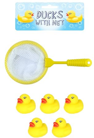 Henbrandt Mini Ducks Age 3+ with Net Bath Time Single Pack 6-Piece Game Set with 5 Ducks + 1 Net Kids Yellow Rubber Duck Toys Summer Fun Paddling Pool Games Bathtub Play for Boys and Girls