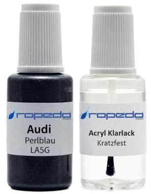 Lackstift Set passend für AUDI VW LA5G Perlblau 20ml + Klarlack 20ml | Wasserbasislack wie vom Lackierer, nach Original-Farbcode gemischt, Pinsel im Deckel, für Steinschlag und Kratzer
