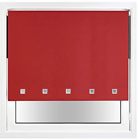 FURNISHED Blackout Roller Blinds with Chrome Square Eyelets EASY-INSTALL Cut to Size Metal Fittings, Red Up to 90W x 165H cm