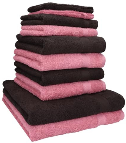 Betz 10-TLG. Handtuch-Set Premium 100% Baumwolle 2 Duschtücher 4 Handtücher 2 Gästetücher 2 Waschhandschuhe Farbe Altrosa & Dunkelbraun