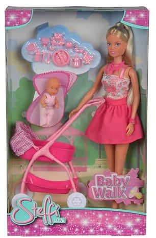 Simba 105733067 - Steffi Love Puppe mit Baby und Kinderwagen, 2-Fach Sortiert, es Wird nur EIN Artikel geliefert, Zubehör, 29cm, ab 3 Jahre