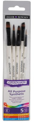 Daler-Rowney Graduate Multi-Technique Brush, Synthetic Hair, Short Handle, Flat Shader, Round, Filbert, Angle Shader and Liner, , Wallet Set, 5 Assorted Brushes