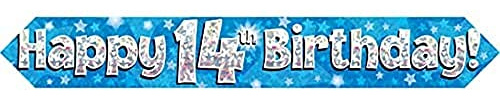 9ft Banner Happy 14th Birthday Blue Holographic