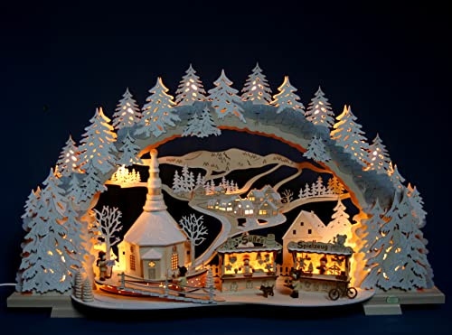 Großer 3D Kirmes Schwibbogen verschneit 72cm - Seiffener Kirche & Weihnachtsmarkt - Handarbeit aus dem Erzgebirge