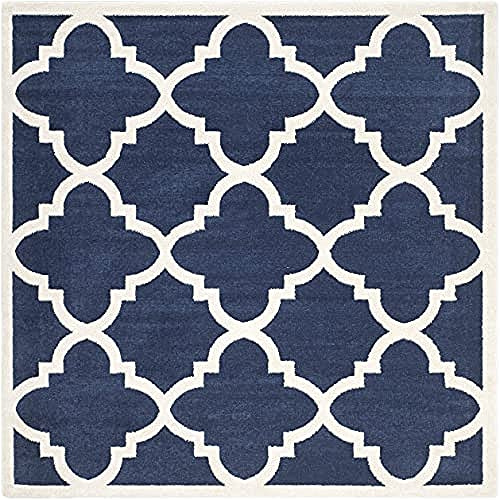 SAFAVIEH Amherst Collection Area Rug - 7' Square, Navy & Beige, Moroccan Trellis Design, Non-Shedding & Easy Care, Ideal for High Traffic Areas in Living Room, Bedroom (AMT423P)