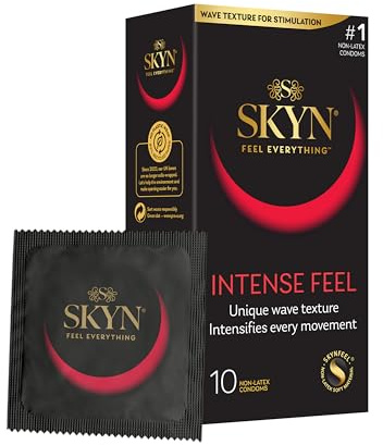 SKYN Intense Feel Condoms (Pack of 10) Skynfeel Latex Free Condoms for Men | Regular Size, Thin, Ribbed and Dotted Straight Shape, Lubricated, 53mm Wide